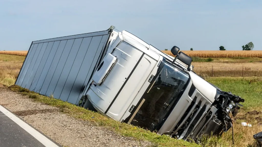 Riverside truck accident lawyer speaking with a client near a commercial truck crash site.