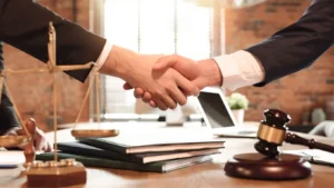 Universal City personal injury lawyer discussing legal options with an injured client in a law office setting.