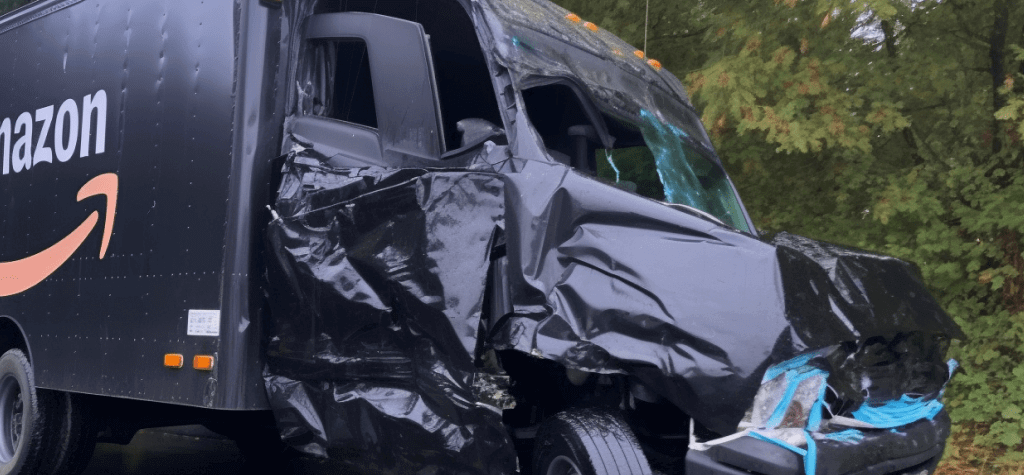 Amazon delivery truck involved in an accident.