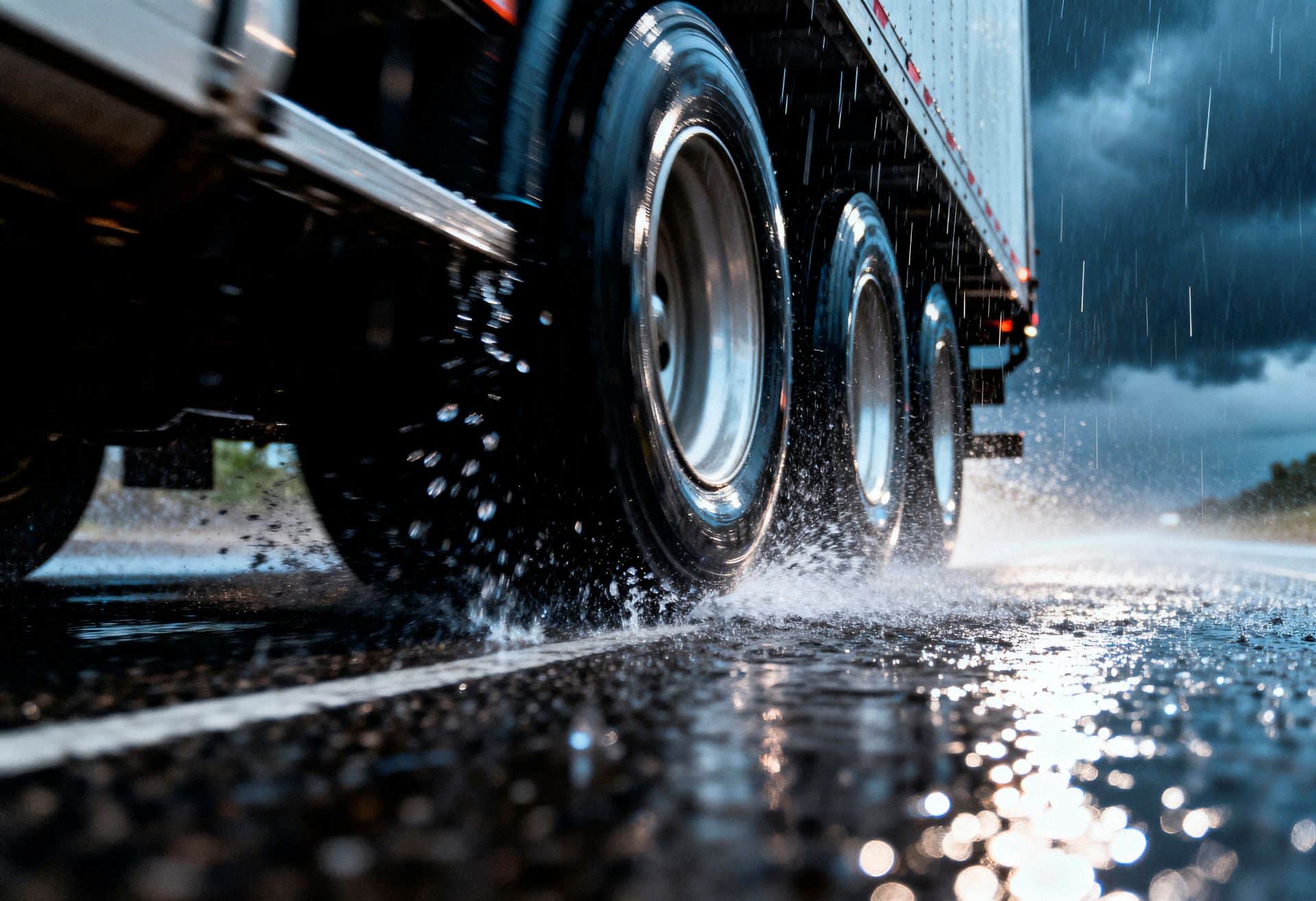 Large commercial truck driving through heavy rain on a wet roadway, representing a Sacramento truck accident case involving dangerous weather and roadway conditions.