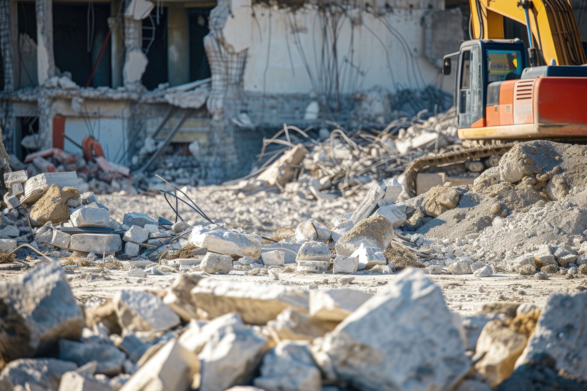 Active construction and demolition site with excavator machinery and rubble, illustrating a Sacramento construction accident claim involving unsafe job site conditions.