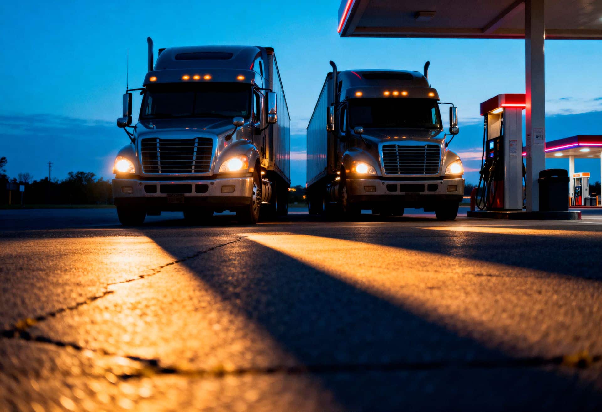 Need a San Diego semi truck accident lawyer? Babaians Law Firm fights for injury victims. Call (818) 334-2981 for a free consultation. Alt text: Two semi-trucks parked at a truck stop during the evening, illustrating the commercial trucking industry and the large tractor-trailers commonly involved in San Diego semi-truck accident and highway injury claims.