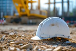 White construction hard hat resting on a dirt-covered construction site with heavy equipment blurred in the background, representing workplace hazards, job site injuries, and construction accident claims in San Diego.