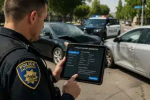 California police officer using an AI police report generator on a tablet after a car accident