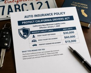 California auto insurance policy document reflecting the Protect California Drivers Act's new 30/60/15 minimum limits