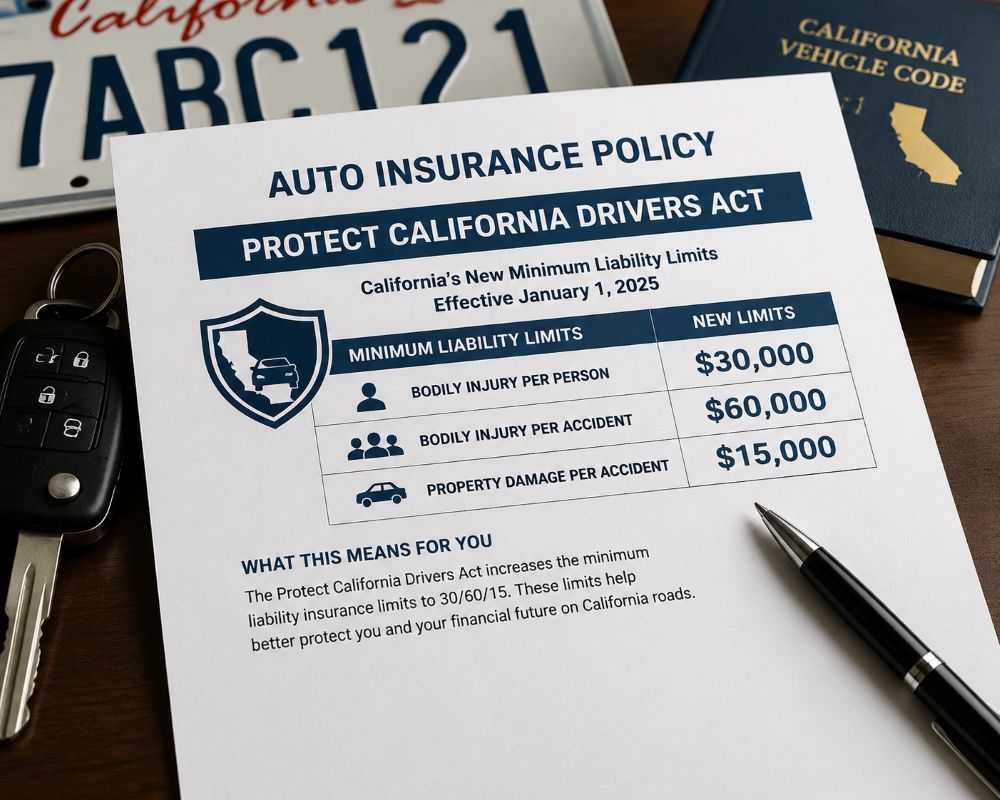 California auto insurance policy document reflecting the Protect California Drivers Act's new 30/60/15 minimum limits