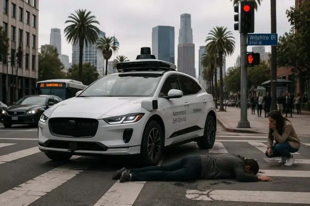 Autonomous driverless car stopped at a Los Angeles crosswalk after hitting a pedestrian