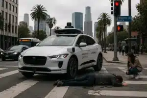 Autonomous driverless car stopped at a Los Angeles crosswalk after hitting a pedestrian