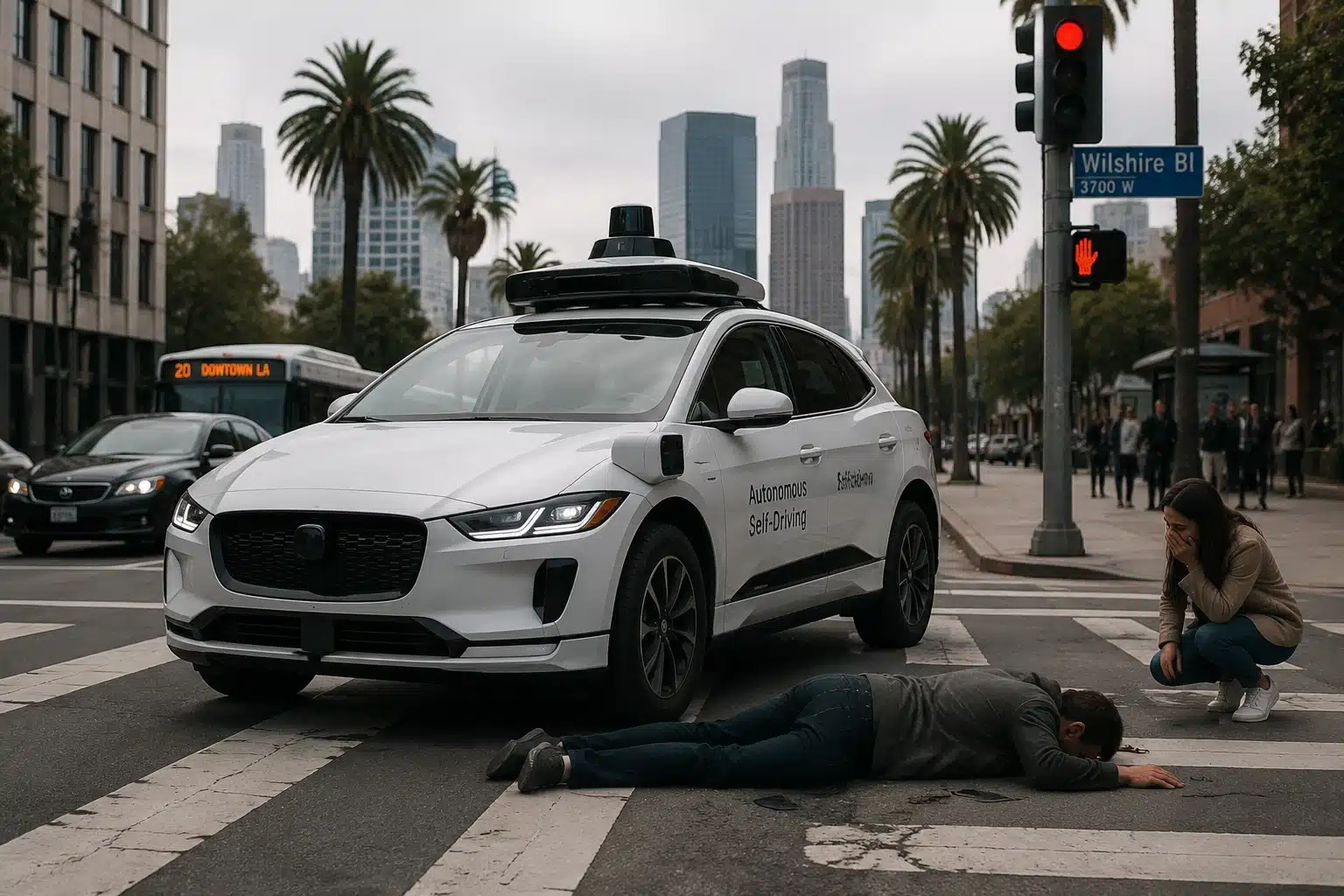 Autonomous driverless car stopped at a Los Angeles crosswalk after hitting a pedestrian