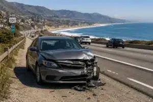 Damaged car on the shoulder of Highway 101 near Ventura with the coastline in view