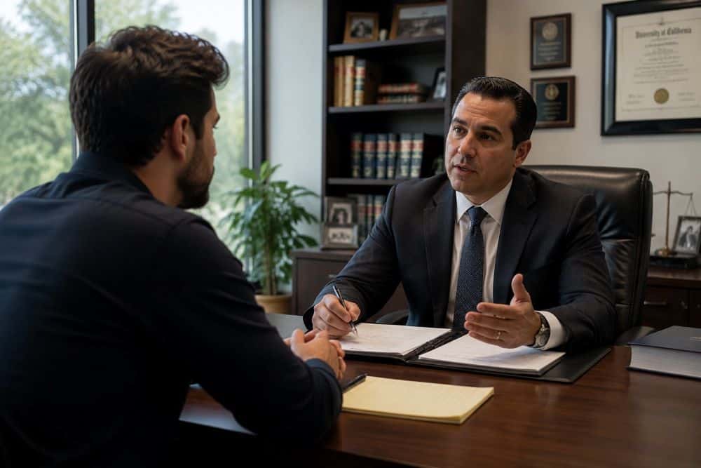 Client talking to a personal injury lawyer during a free consultation in California