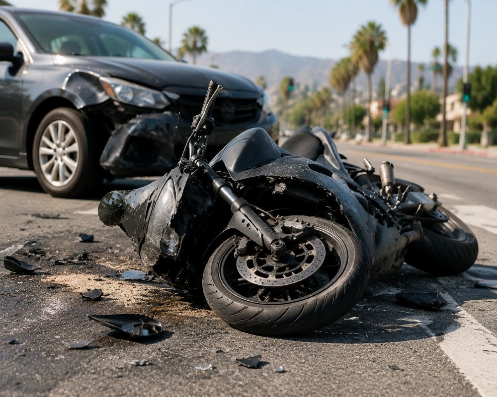 Motocicleta dañada después de un accidente de tráfico en California