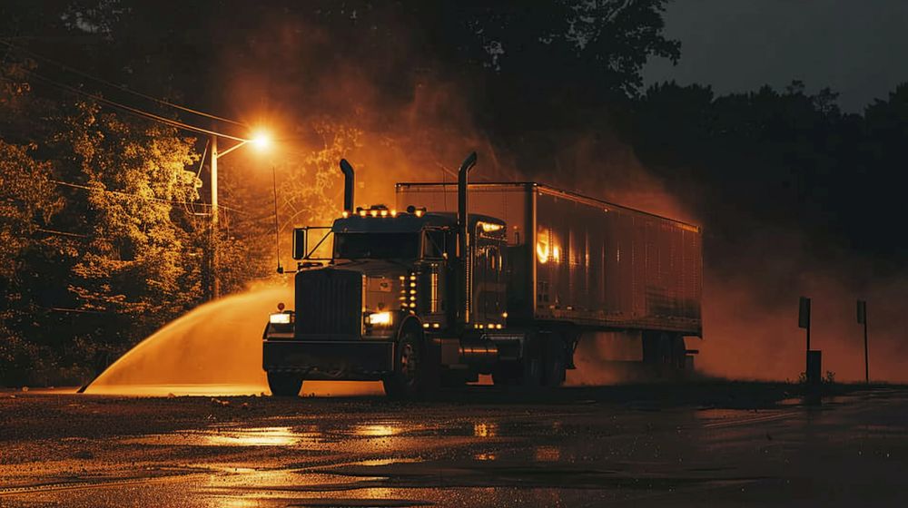 Big rig traveling an Inland Empire warehouse corridor near San Bernardino at dusk